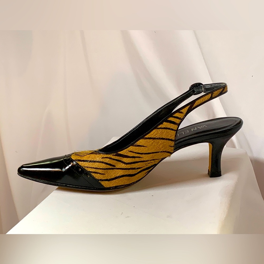 Van Eli Slingback -Italian leather tiger print calf hair - size 7 1/2 W. 3 1-2”